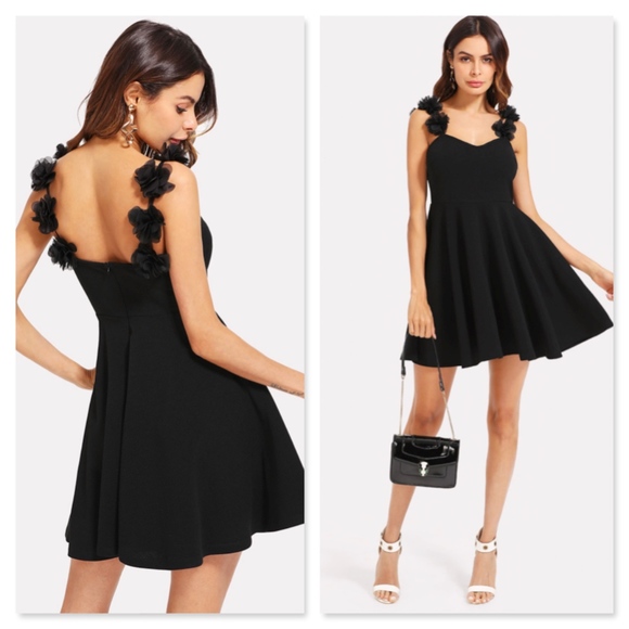 Rouge! Dresses & Skirts - Flower Detailed Fit & Flare Black Mini Dress